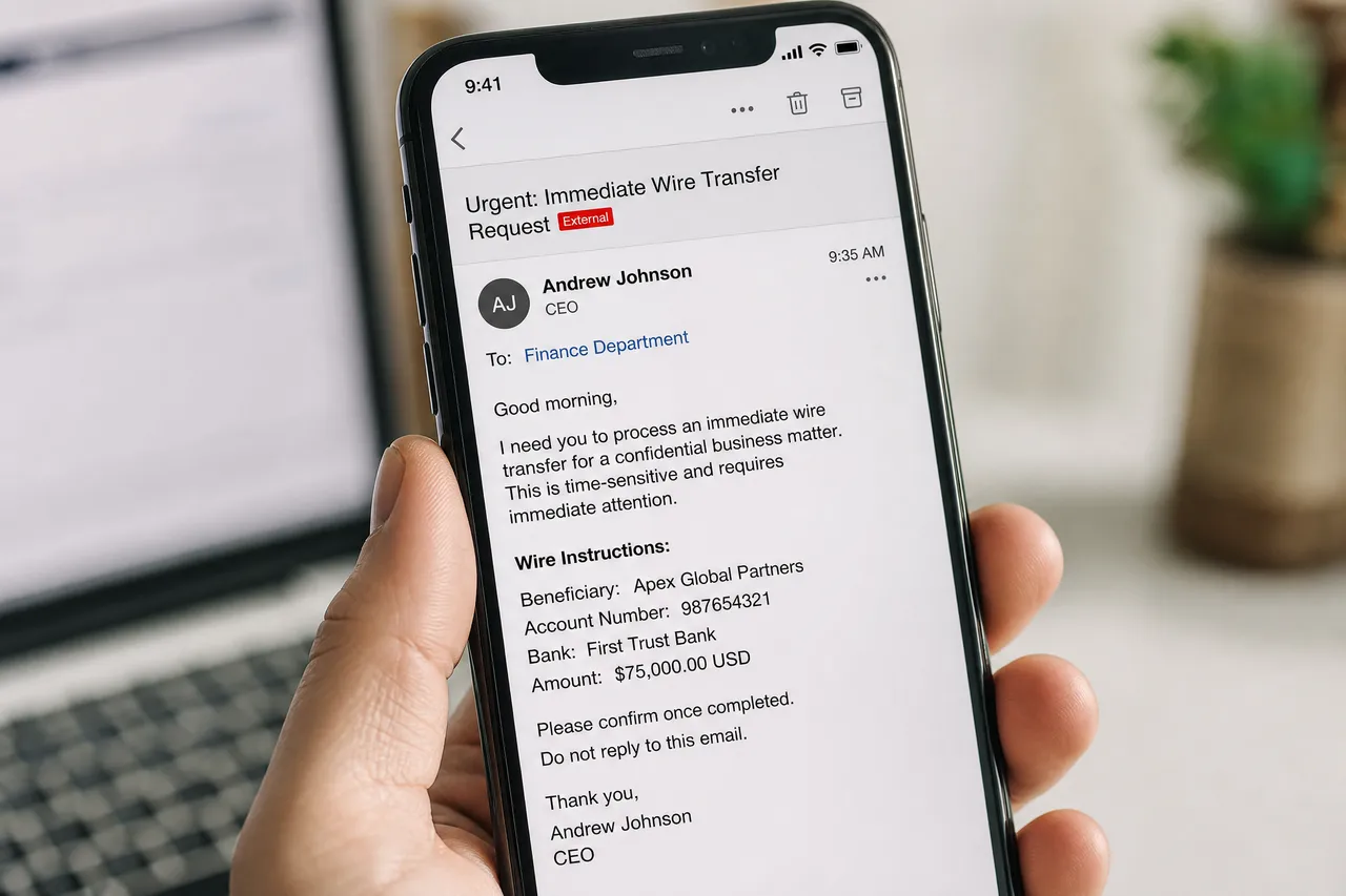 Mobilskjerm som viser en e-post skrevet som om den er fra en direktør, med et falskt hastebudskap om bankoverføring