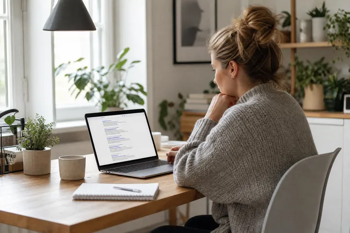 En person sitter ved et skrivebord med laptop og ser på søkeresultater på skjermen, naturlig kontorbelysning