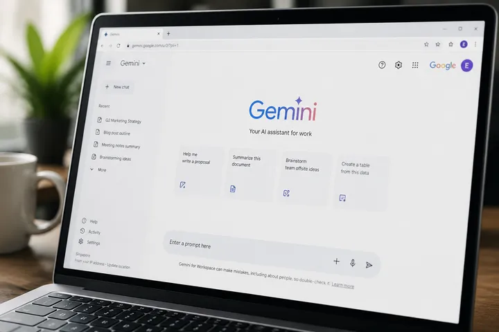Google Gemini sitt grensesnitt vist på en laptop-skjerm, presentert som en AI-assistent for arbeid