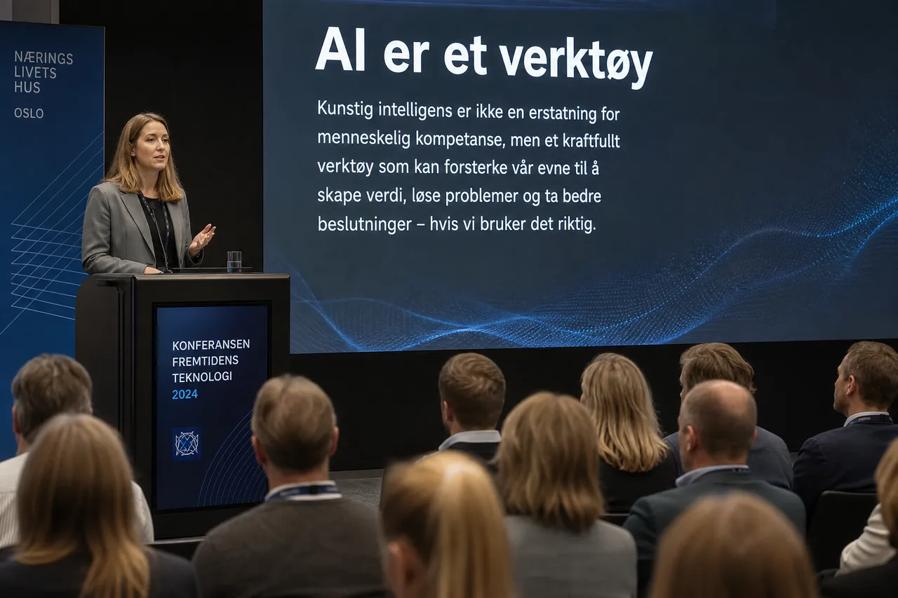 KI-rådgiver holder foredrag for publikum under SMB-dagen, med lysbildet 'Kunstig intelligens som verktøy' synlig på skjermen bak