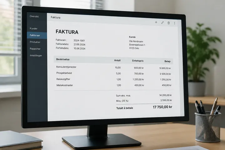 En digital faktura med poster og totalsum i kroner åpnet i et regnskapssystem på en dataskjerm