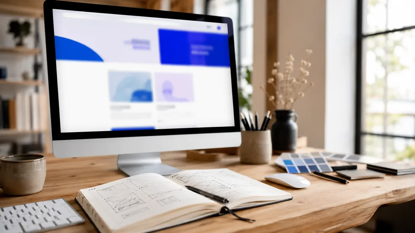 Skrivebord med skjerm som viser en nettside under arbeid