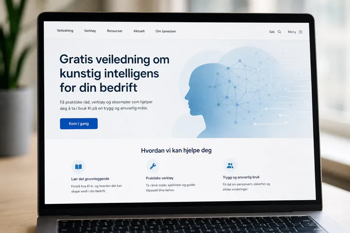 En norsk offentlig veiledningsside om kunstig intelligens for bedrifter vist på en laptop-skjerm