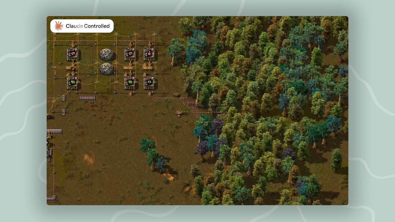 Skjermbilde som viser Claude Fable 5 spille Factorio autonomt, merket "Claude Controlled" i grensesnittet