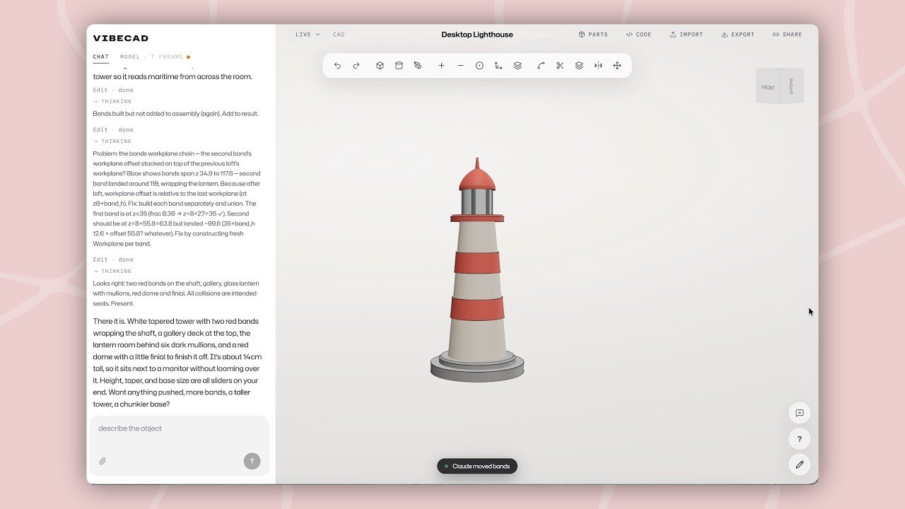 Skjermbilde av VibeCAD, en nettleserbasert 3D-editor der Fable 5 designer en fyrtårnmodell