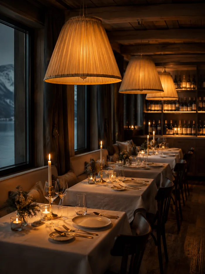 Dekket bord i restauranten med lave pendellamper