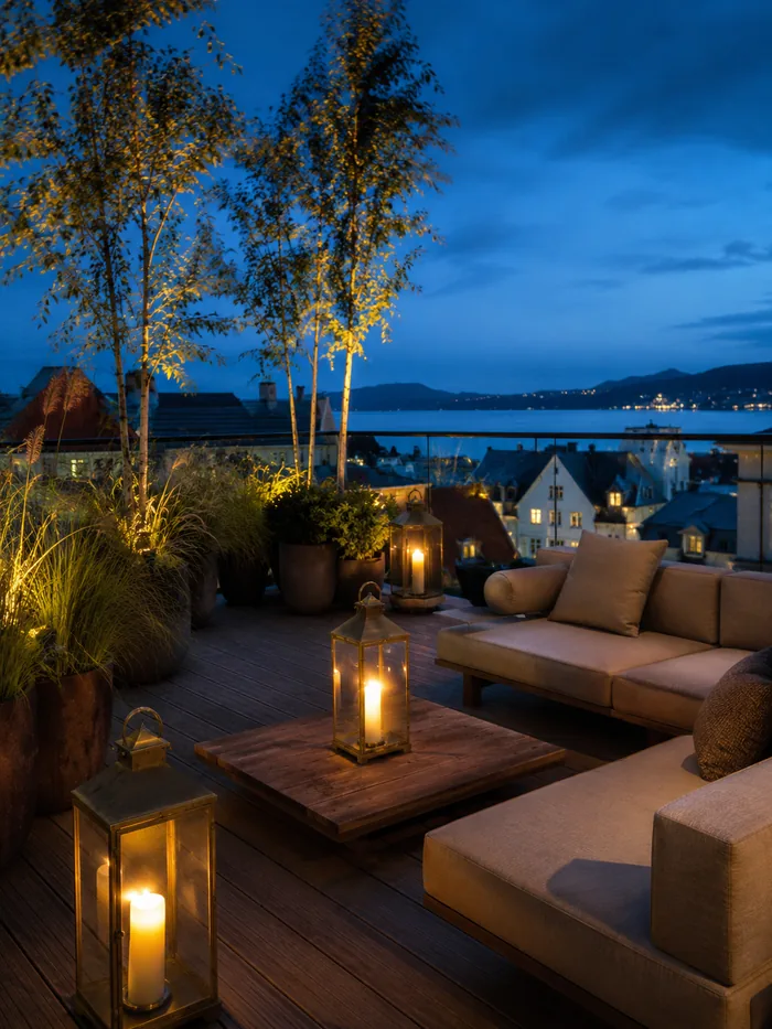 Takterrasse med lykter og utsikt over fjorden i blåtimen