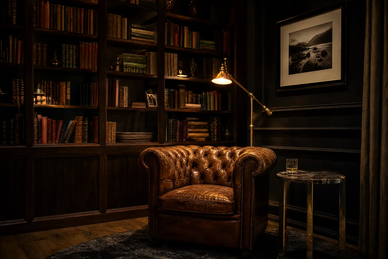 Biblioteket på hotellet med bokhyller, lenestol i skinn og leselampe