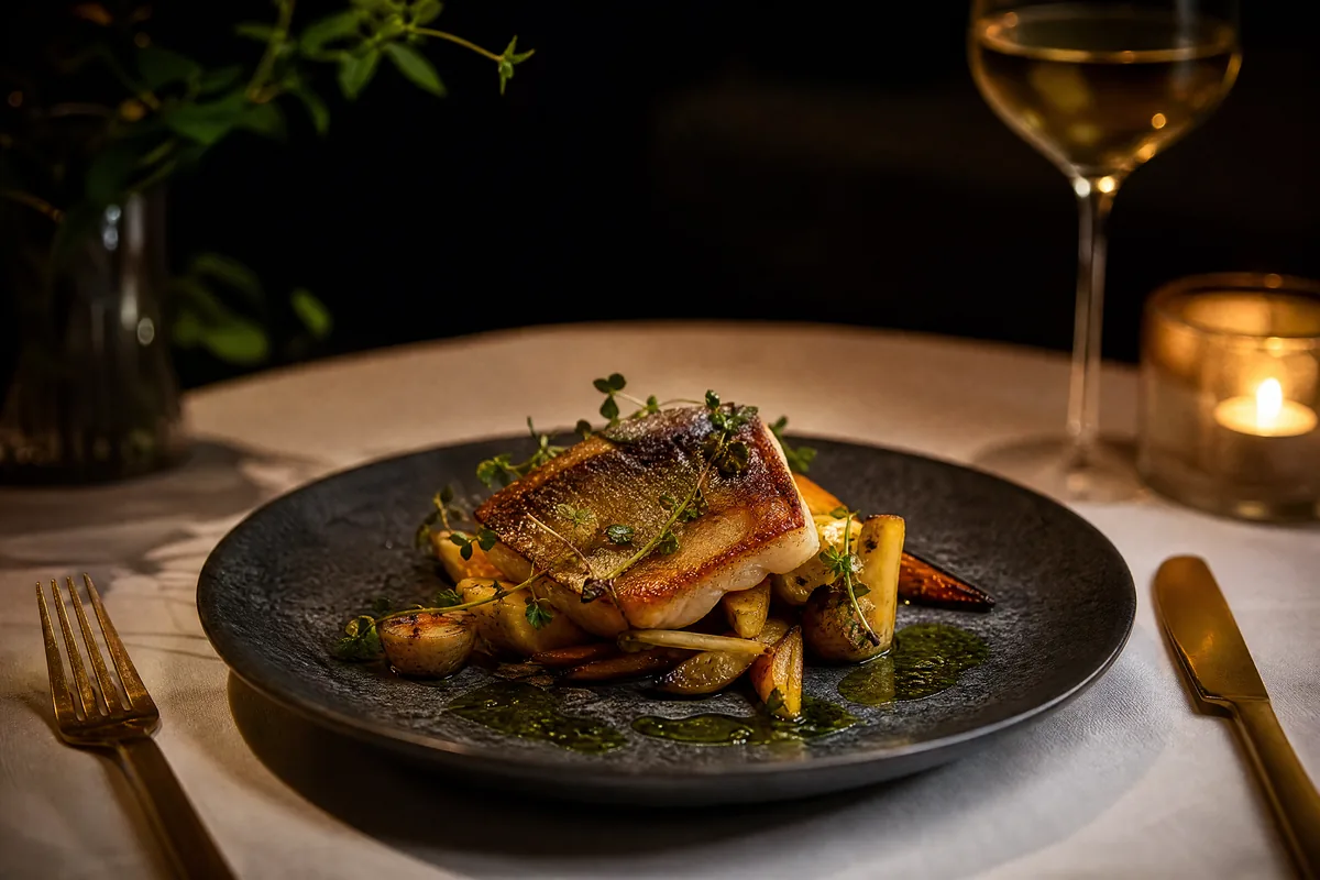 Anrettet fiskerett på mørk tallerken med lys og vinglass