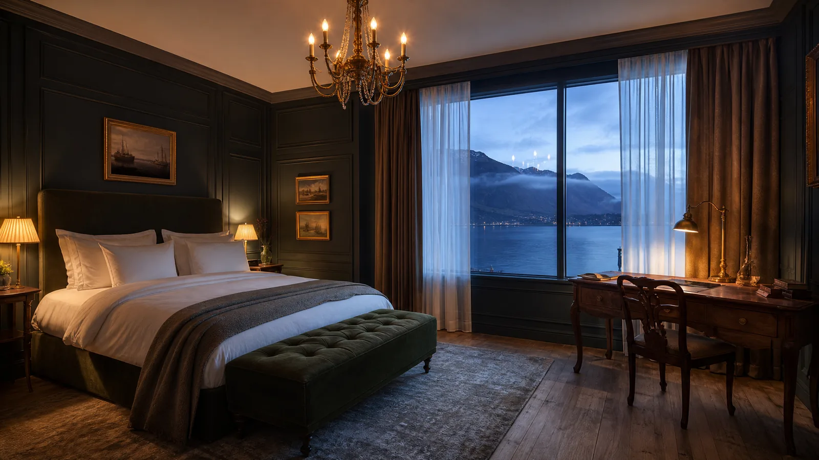 Suite med fjordutsikt, panelte vegger og skrivebord