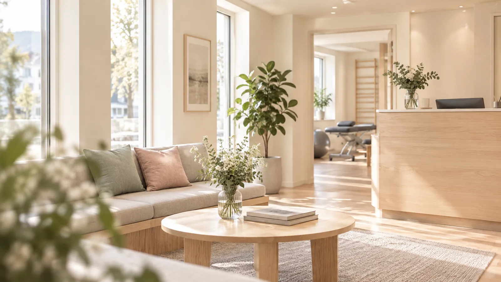 Lyst behandlingsrom med dagslys inn gjennom store vinduer