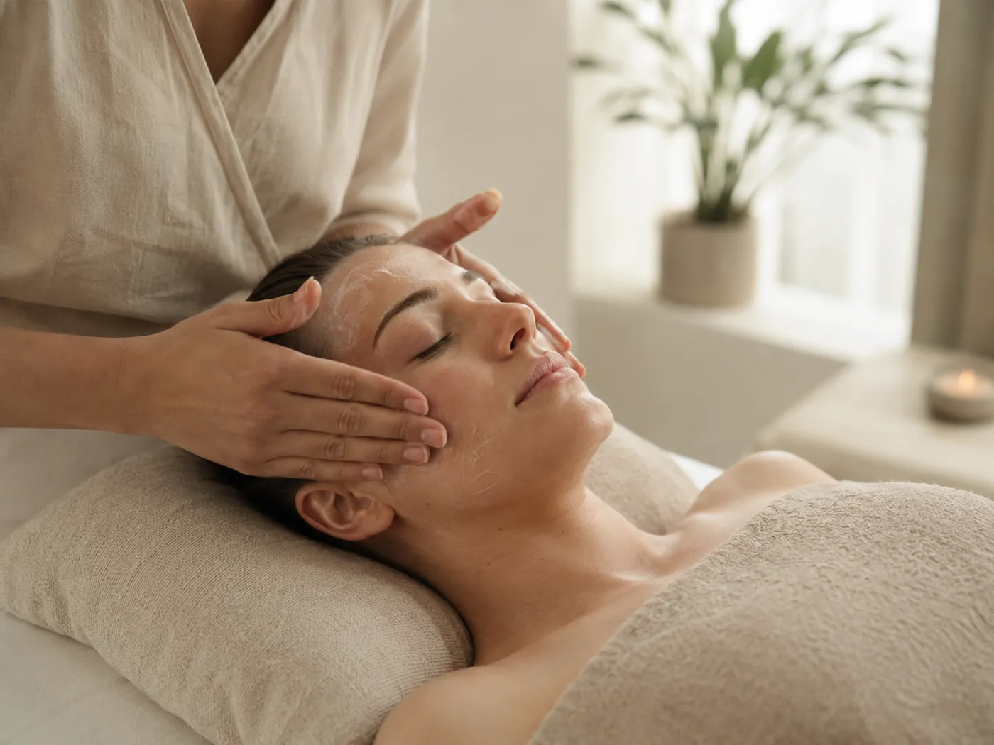 Hudterapeut som gir en ansiktsbehandling