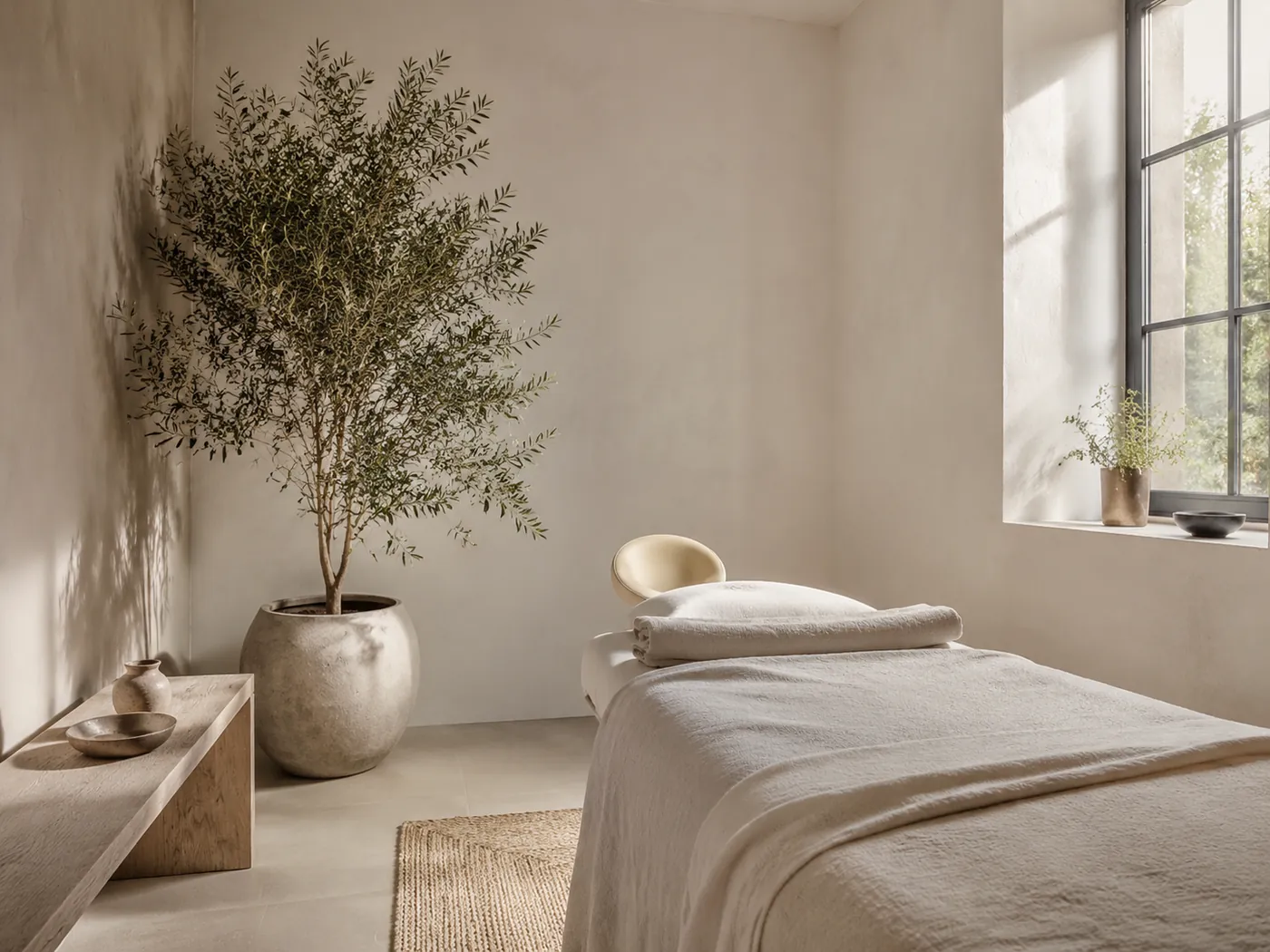 Behandlingsrom med dagslys, tekstiler og planter