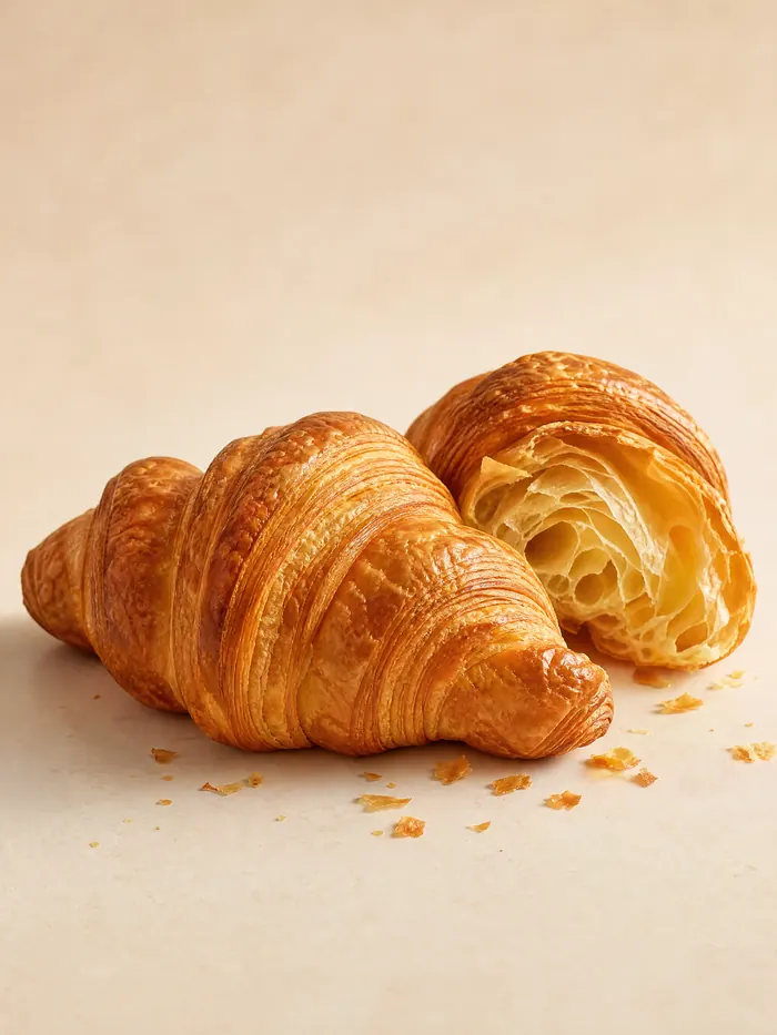 Croissanter med gyldne lag, den ene delt i to