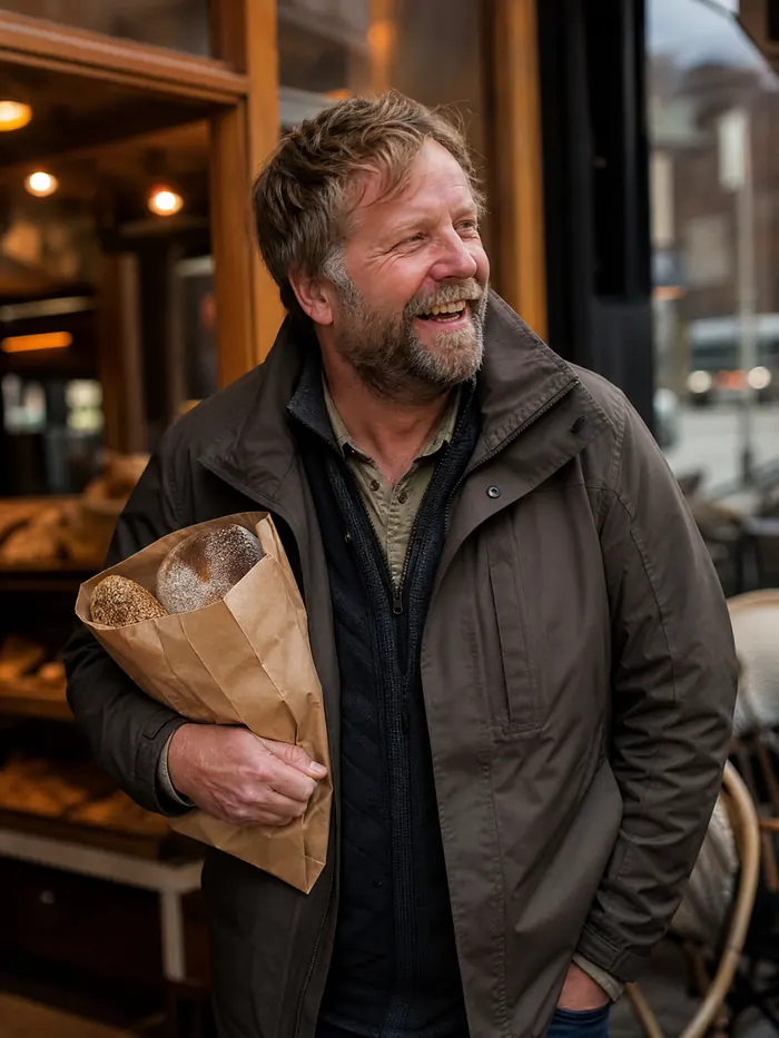 Mann utenfor bakeriet med en papirpose brød under armen