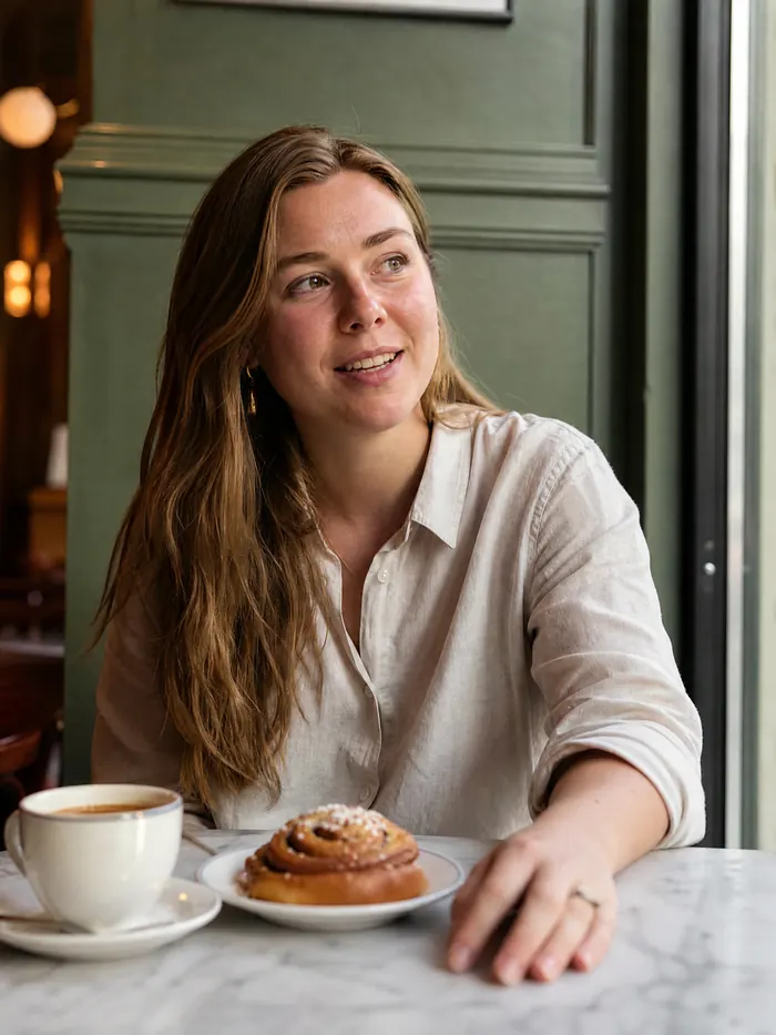 Kvinne ved et kafébord med kanelsnurr og kaffe