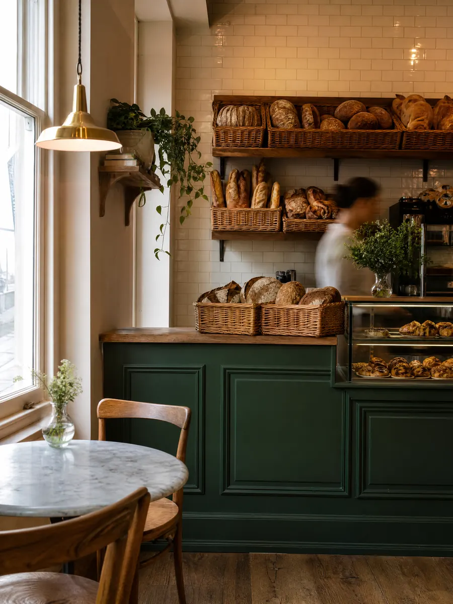 Bakeriets lokale med brødhyller, disk og bord ved vinduet