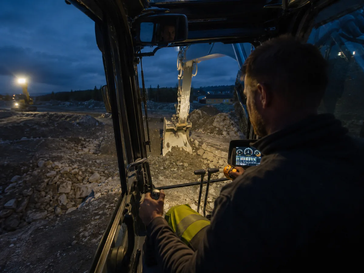 Maskinfører i førerhuset på en gravemaskin i skumringen