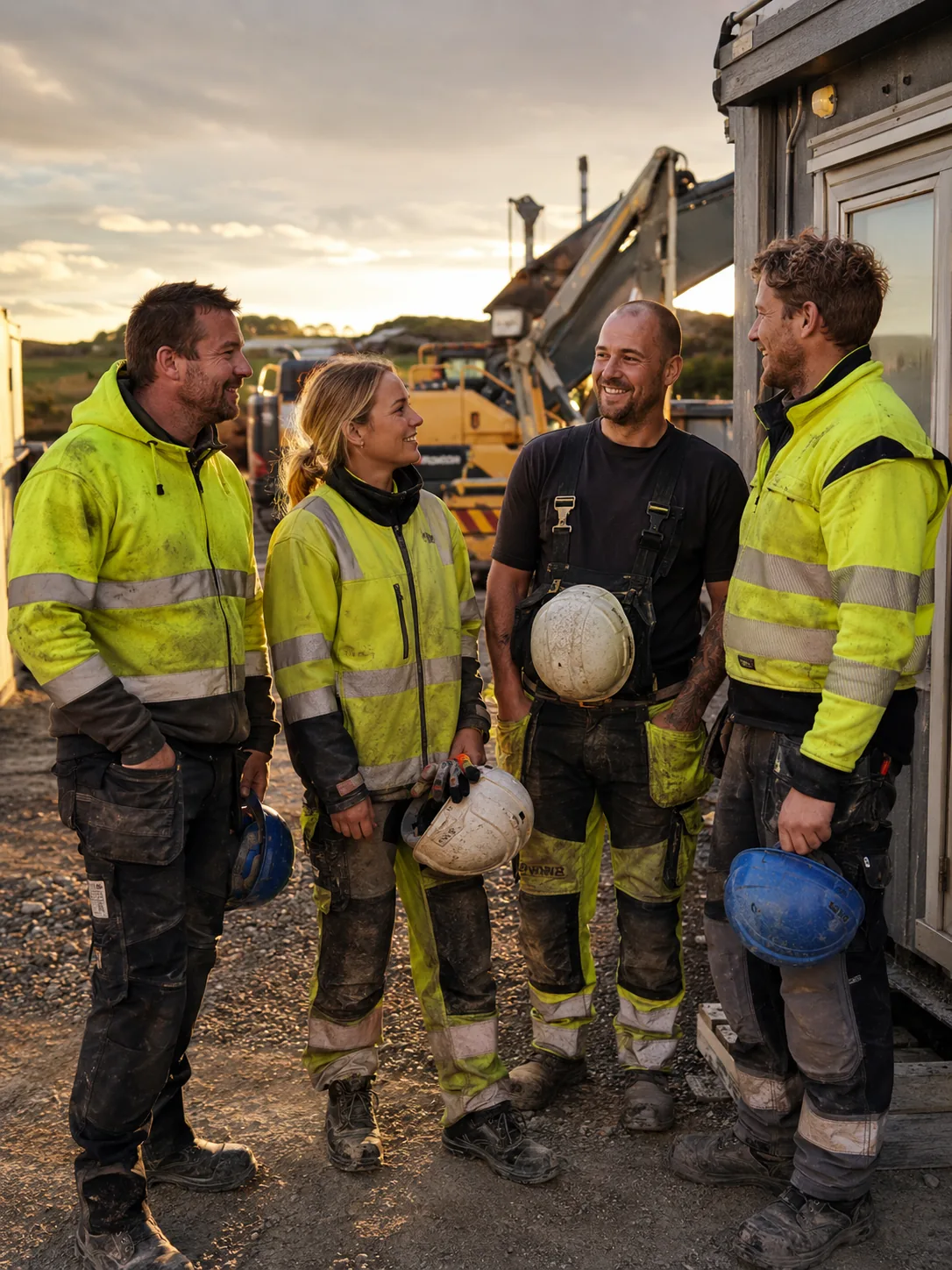 Fire av oss samlet utenfor brakka på slutten av arbeidsdagen