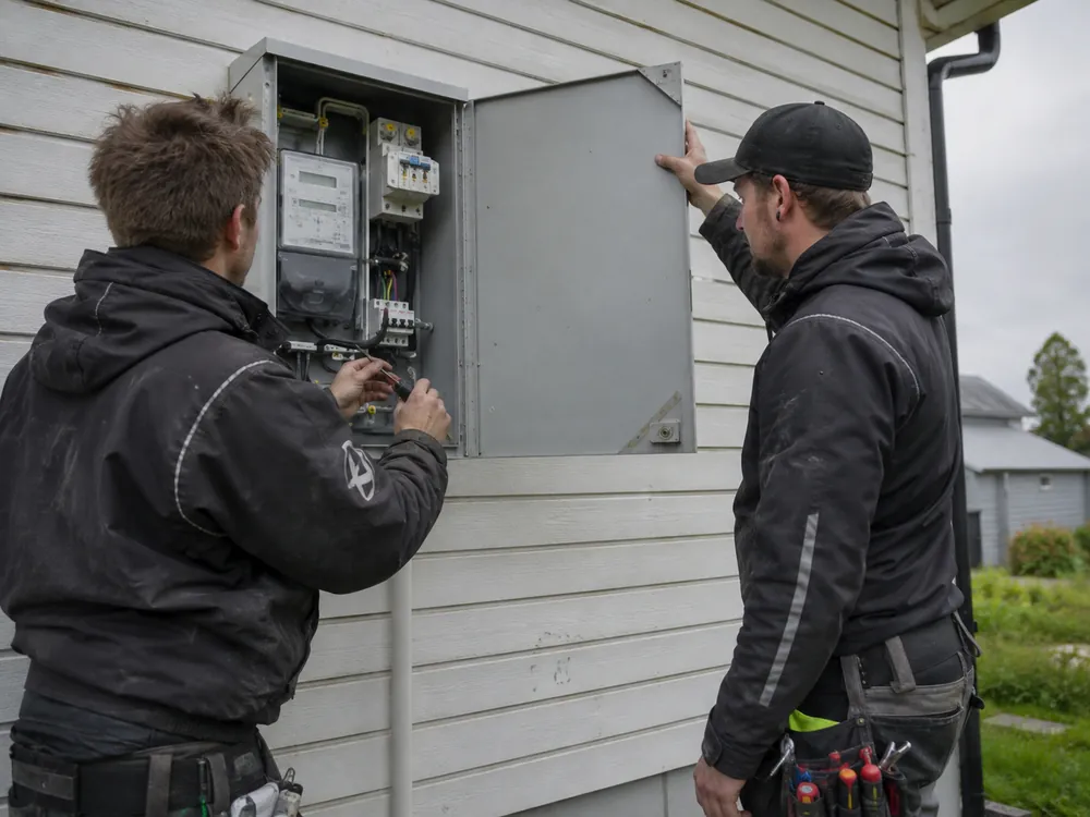 To elektrikere som kontrollerer et måleskap på en husvegg