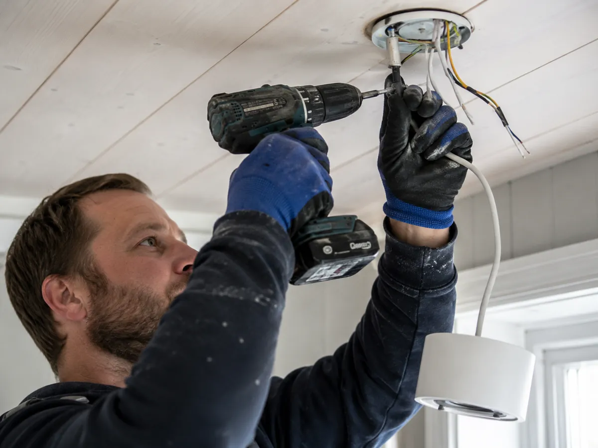 Elektriker som monterer en takarmatur med drill