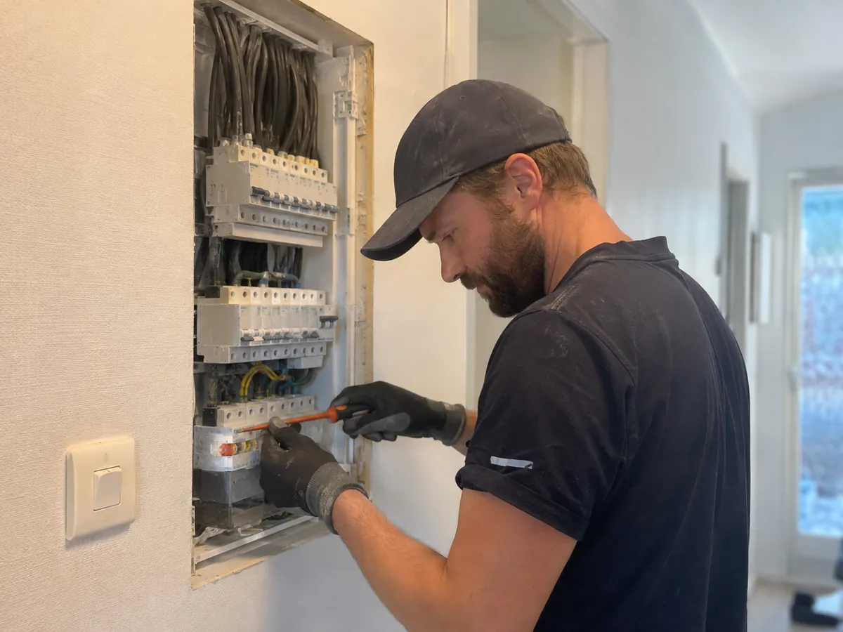 Elektriker som jobber i et åpent sikringsskap