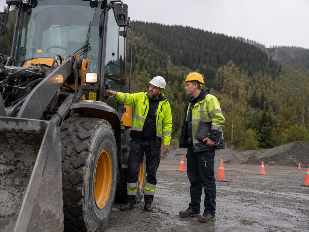 Instruktør forklarer en detalj på en hjullaster til en kursdeltaker