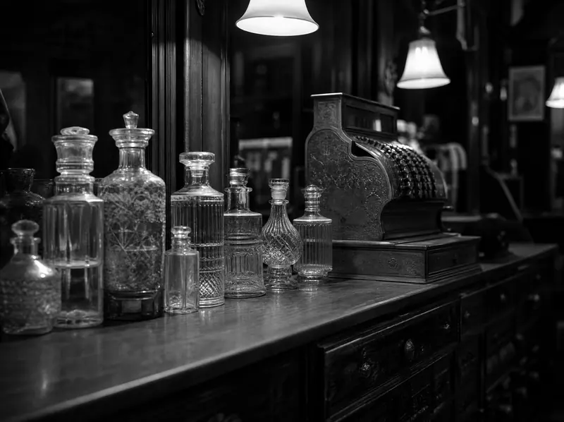 Glassflasker og et messingkassaapparat på den mørke bakdisken