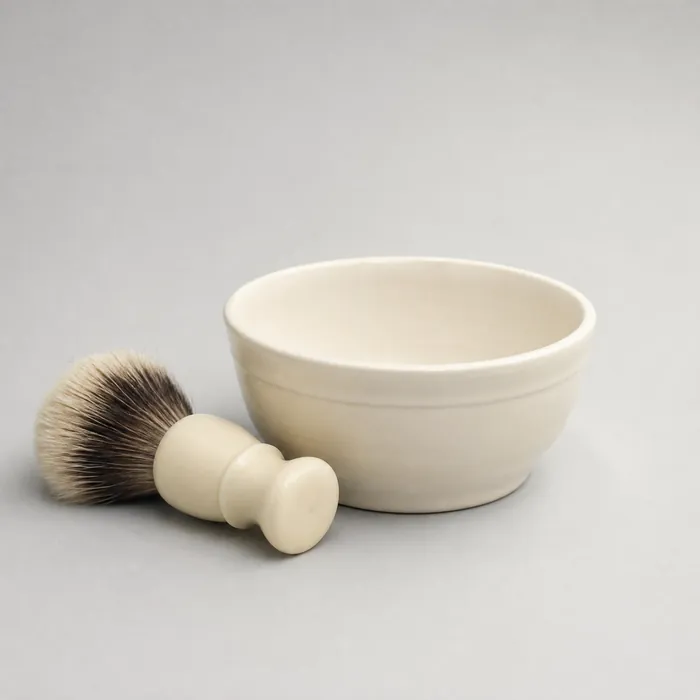 Barbersåpe i keramikkskål med barberkost ved siden av