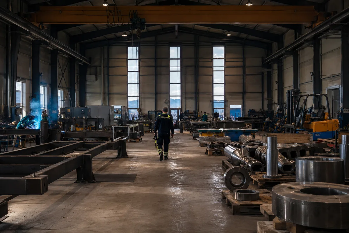 Verkstedhall med traverskran og ferdige stålkonstruksjoner