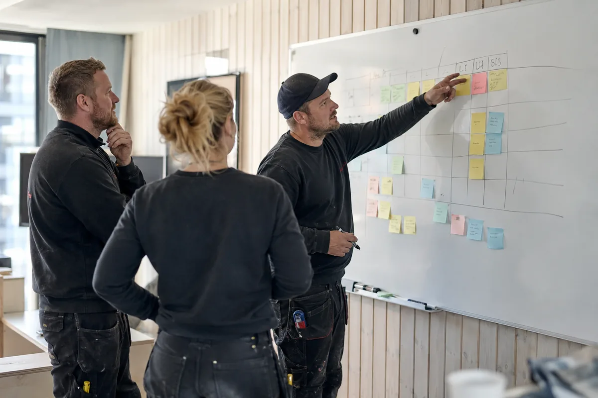 Tre kolleger foran en tavle med bemanningsplan