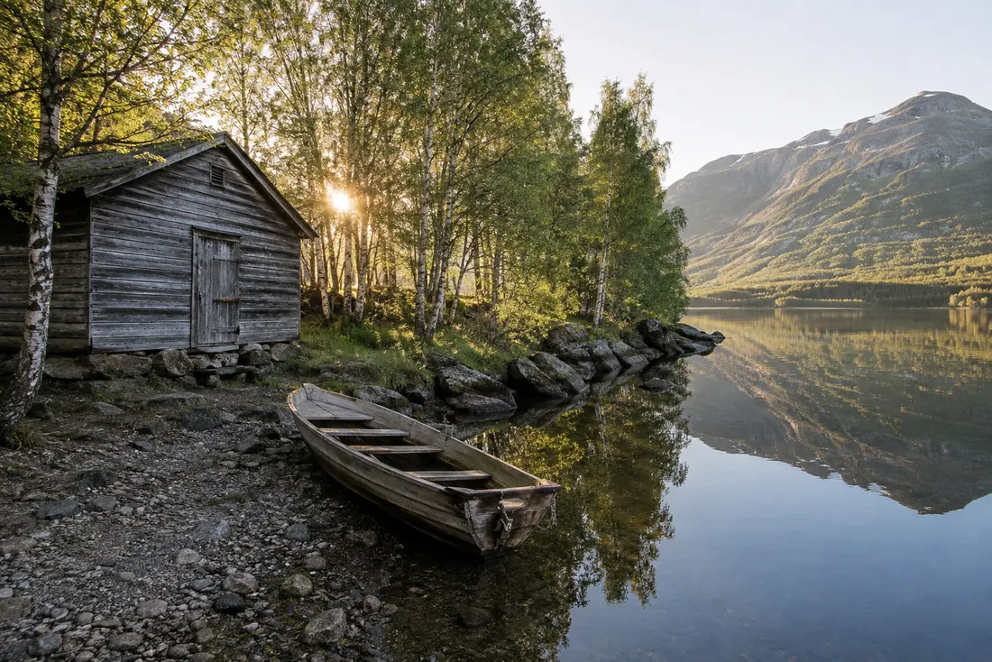 Gammelt naust ved vannkanten en stille morgen