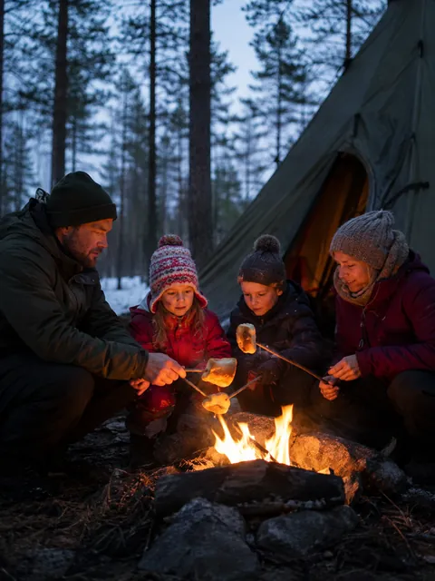 Familie rundt bålet utenfor lavvoen i skumringen