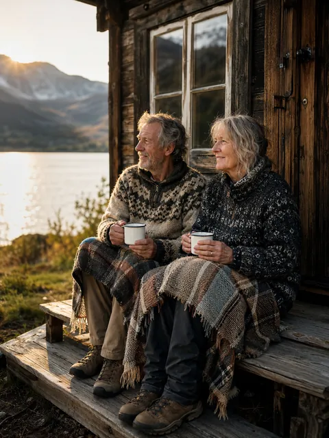 Eldre par på hyttetrappa med kaffekopper