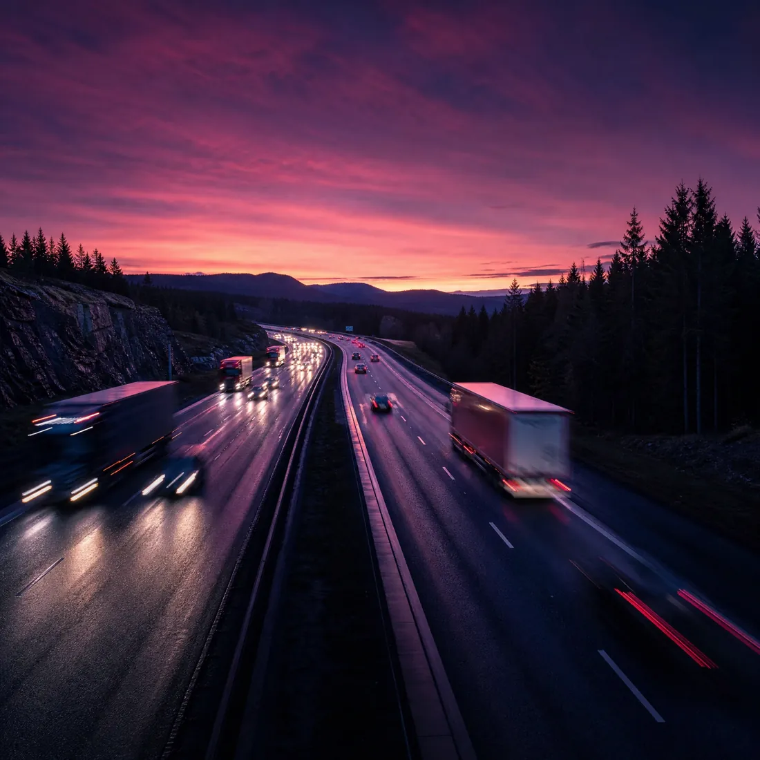 Motorvei i skumringen med lastebiler i fart
