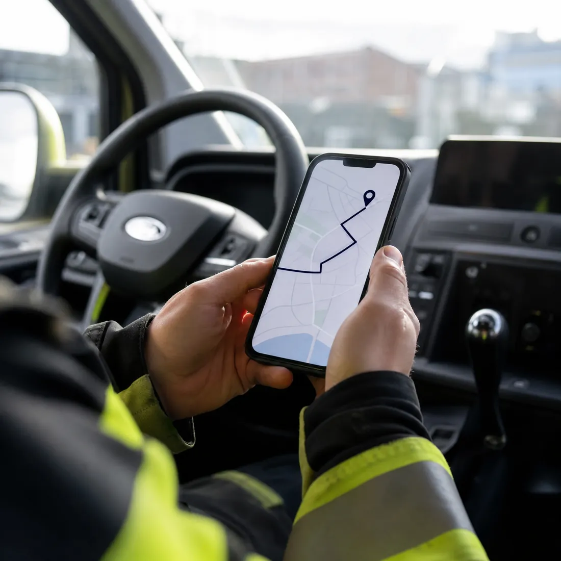 Sjåfør som følger ruten på mobilen i bilen