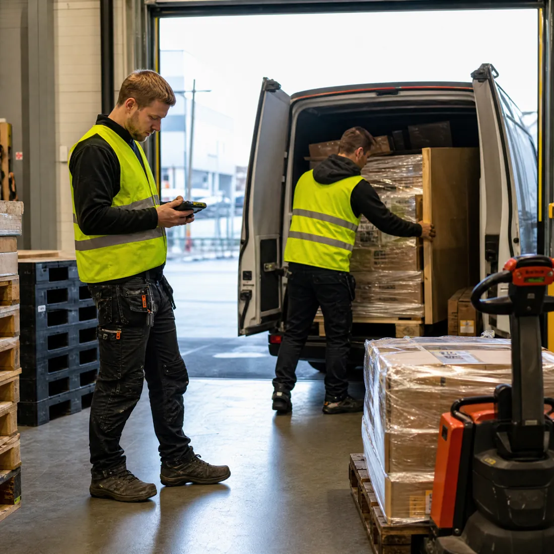 To ansatte som laster paller inn i varebil på terminalen